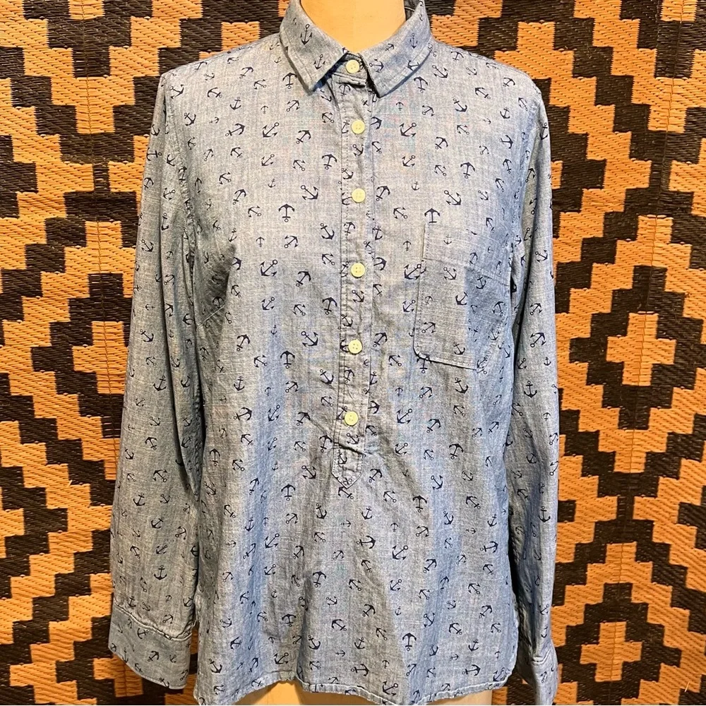 JCrew‎ nautical boat anchor half button shirt 100% chambray cotton coastal ocean